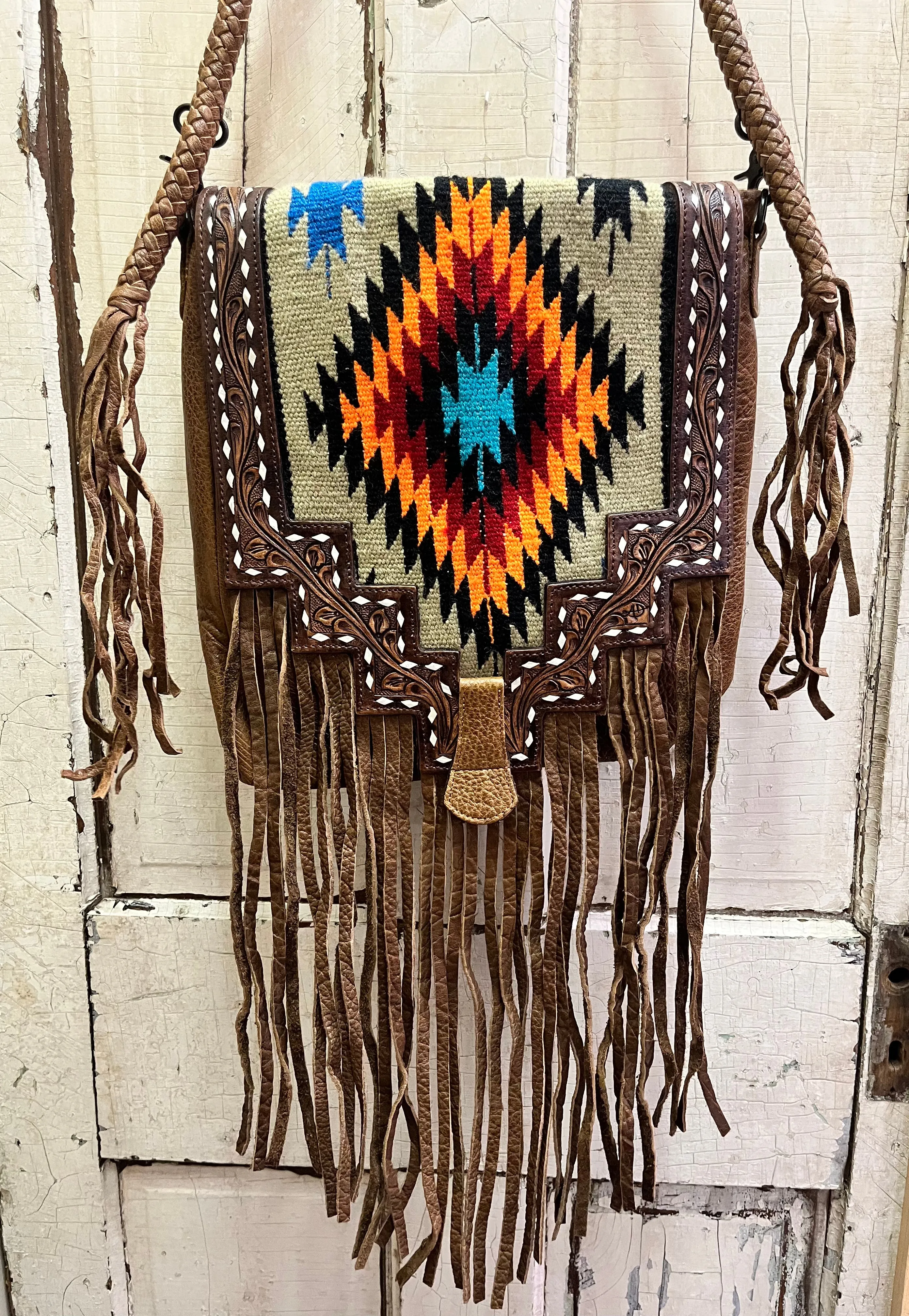 American Darling Saddle Blanket & Tooled Leather With Fringe Shoulder Bag Purse ADBGZ595B