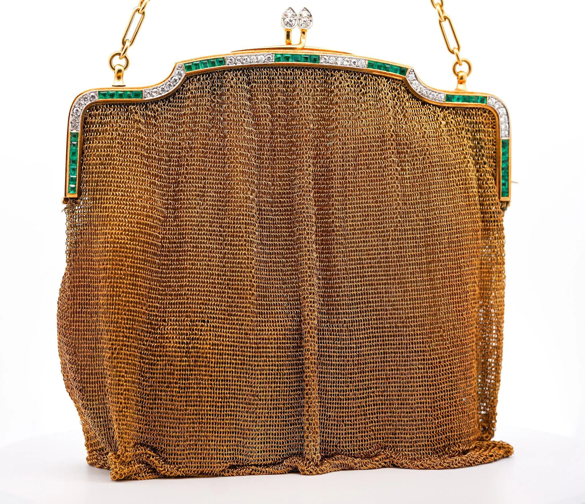 Antique Art Deco 18K Gold Mesh Evening Bag With Emerald and Diamond Frame