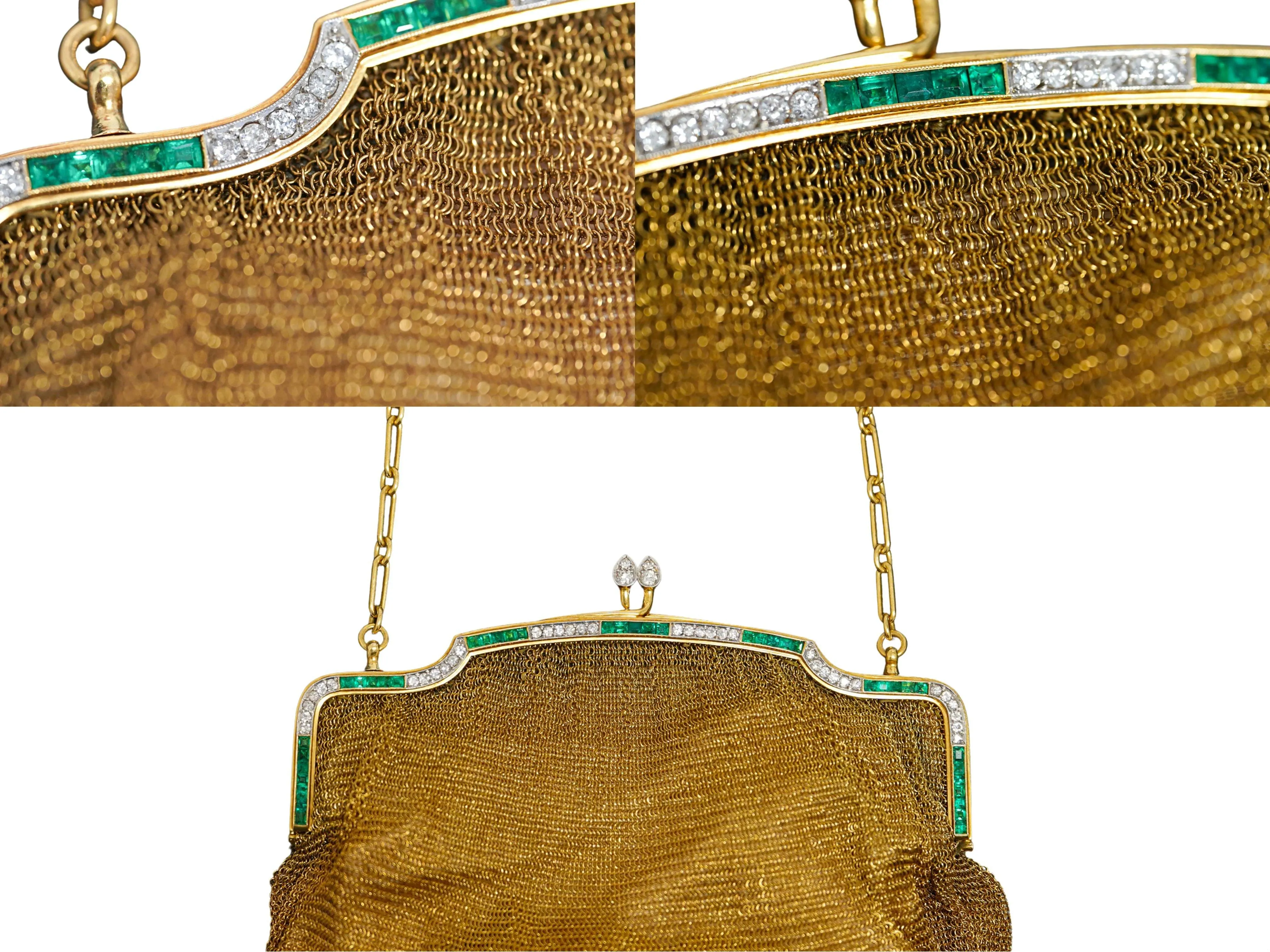 Antique Art Deco 18K Gold Mesh Evening Bag With Emerald and Diamond Frame