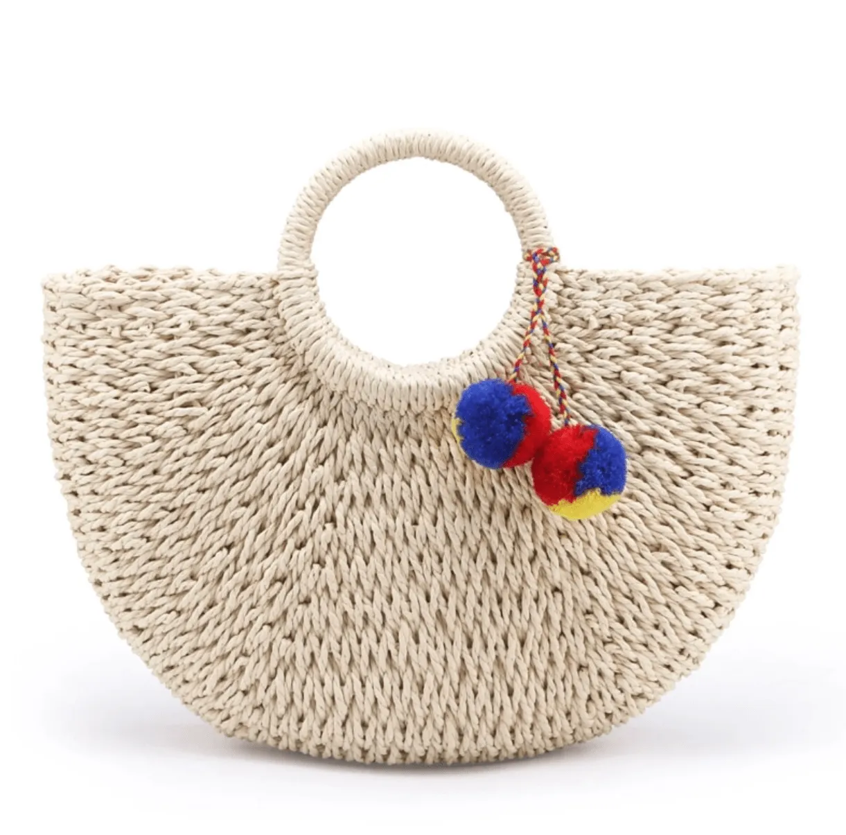 Arc Straw bag with pompoms