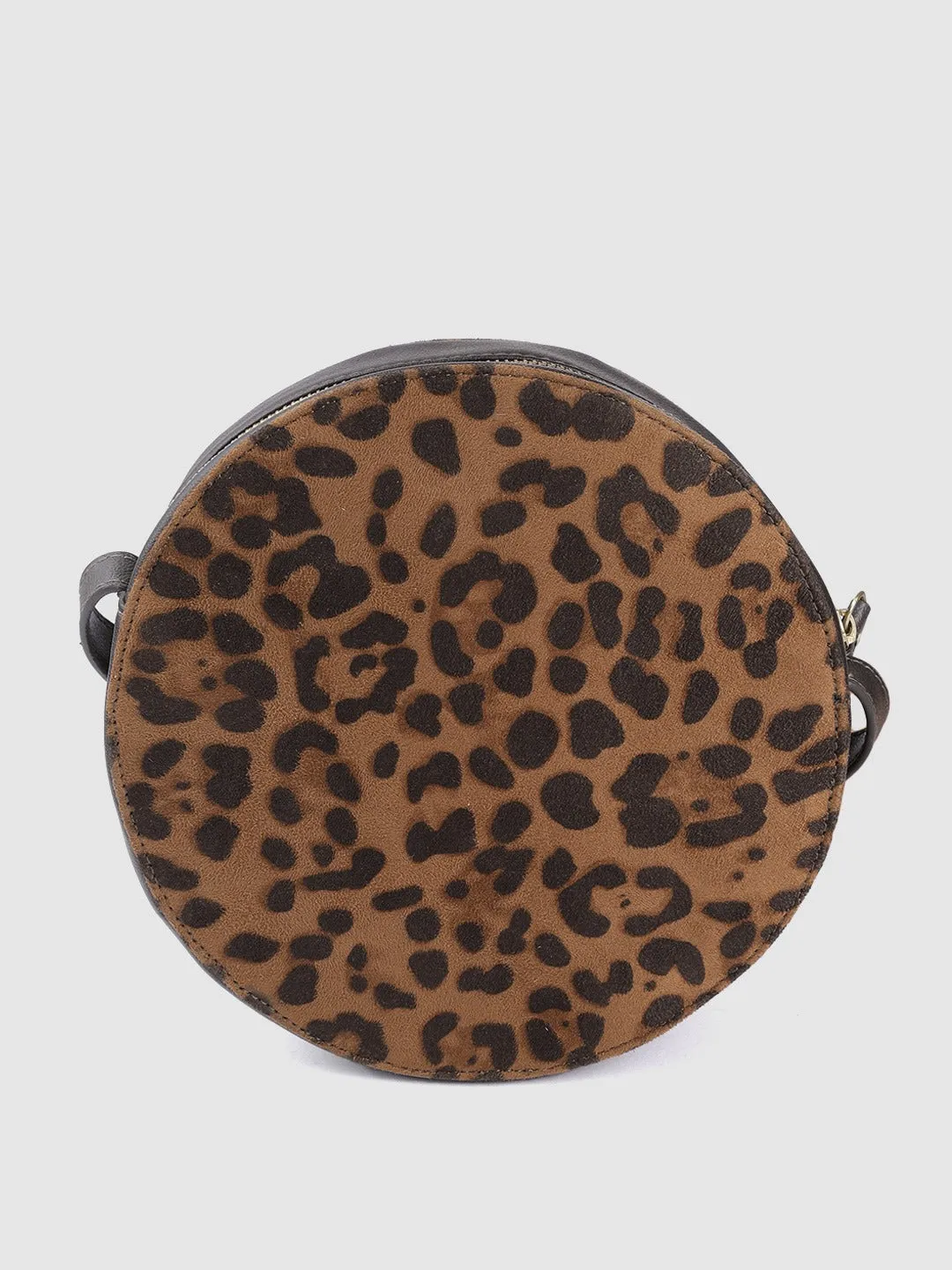 Berrylush Women Brown & Black Animal Printed PU Drawstring Structured Small Round Sling Bag