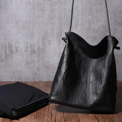 Black Leather Womens Shoulder Bucket Bag Fashion Barrel Bucket Cross body Bag