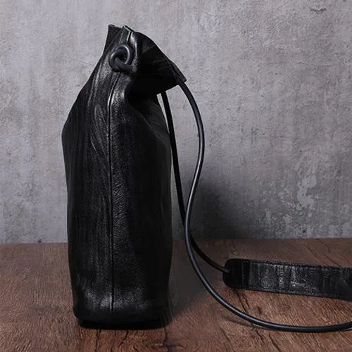 Black Leather Womens Shoulder Bucket Bag Fashion Barrel Bucket Cross body Bag