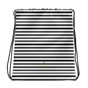 Black Striped Drawstring Bag, White Modern Stripe 15”x17” Drawstring Bag- Made in USA/EU