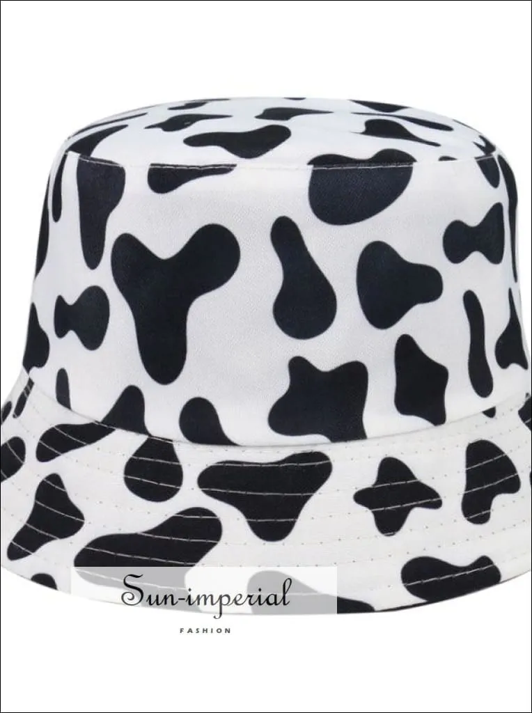 Black with Flame Print Reversible Black White Cow Pattern Women Bucket Hat