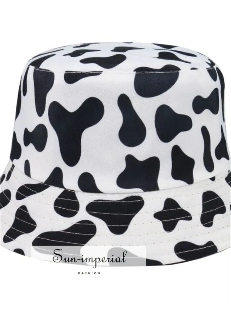 Black with Flame Print Reversible Black White Cow Pattern Women Bucket Hat