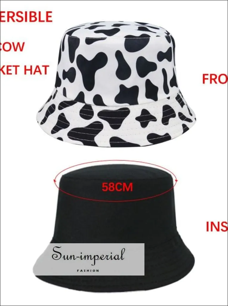 Black with Flame Print Reversible Black White Cow Pattern Women Bucket Hat