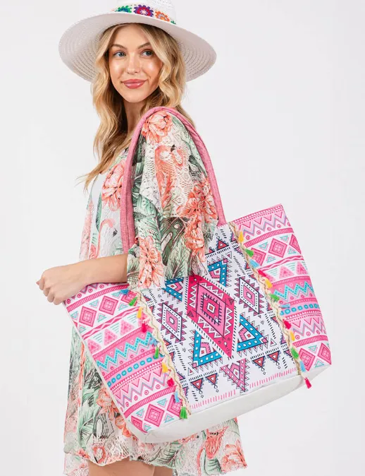 Boho Aztec Print Fringe Tassel Tote Bag