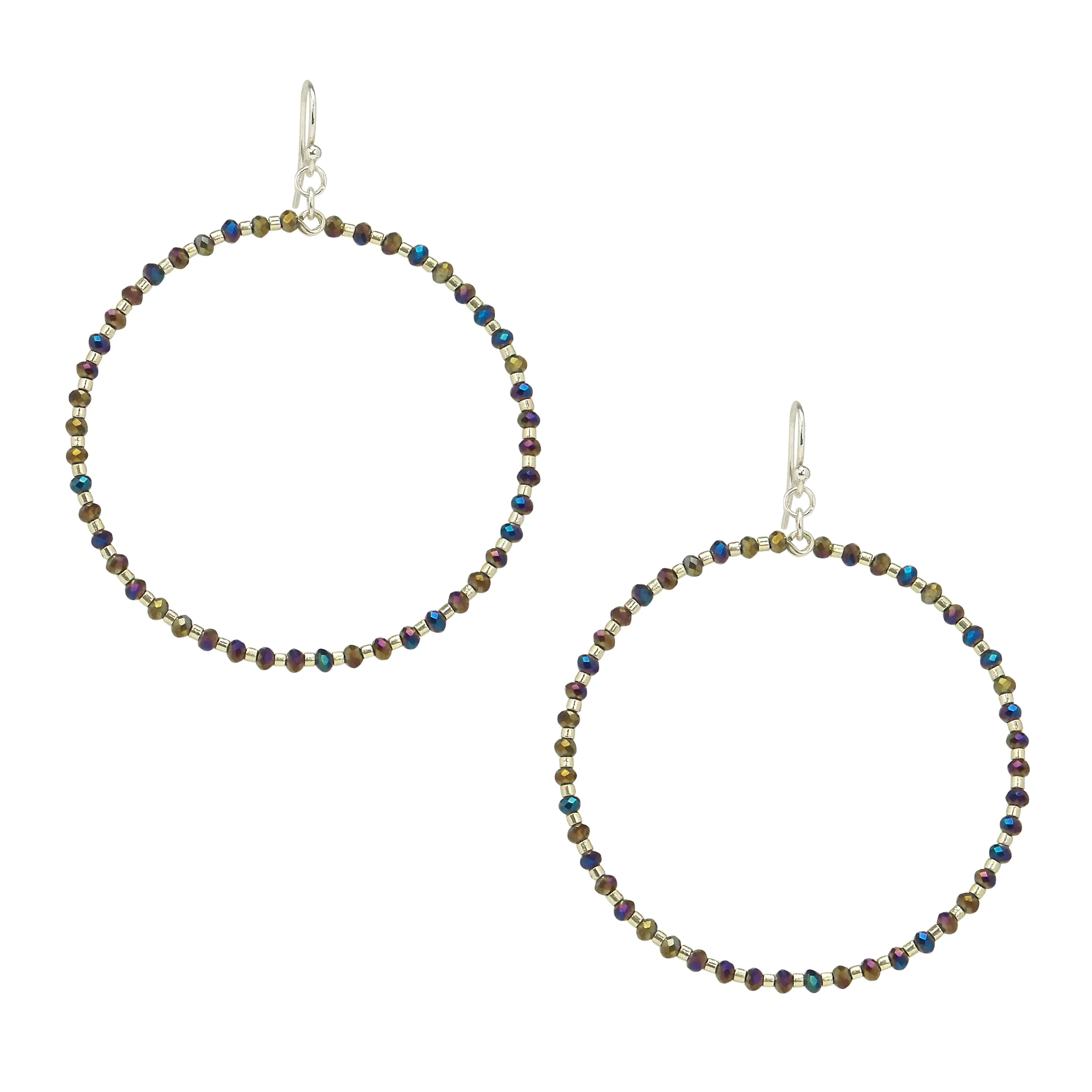 Chan Luu Silver Hoop Earrings with Twilight Crystals and Silver Seed Beads