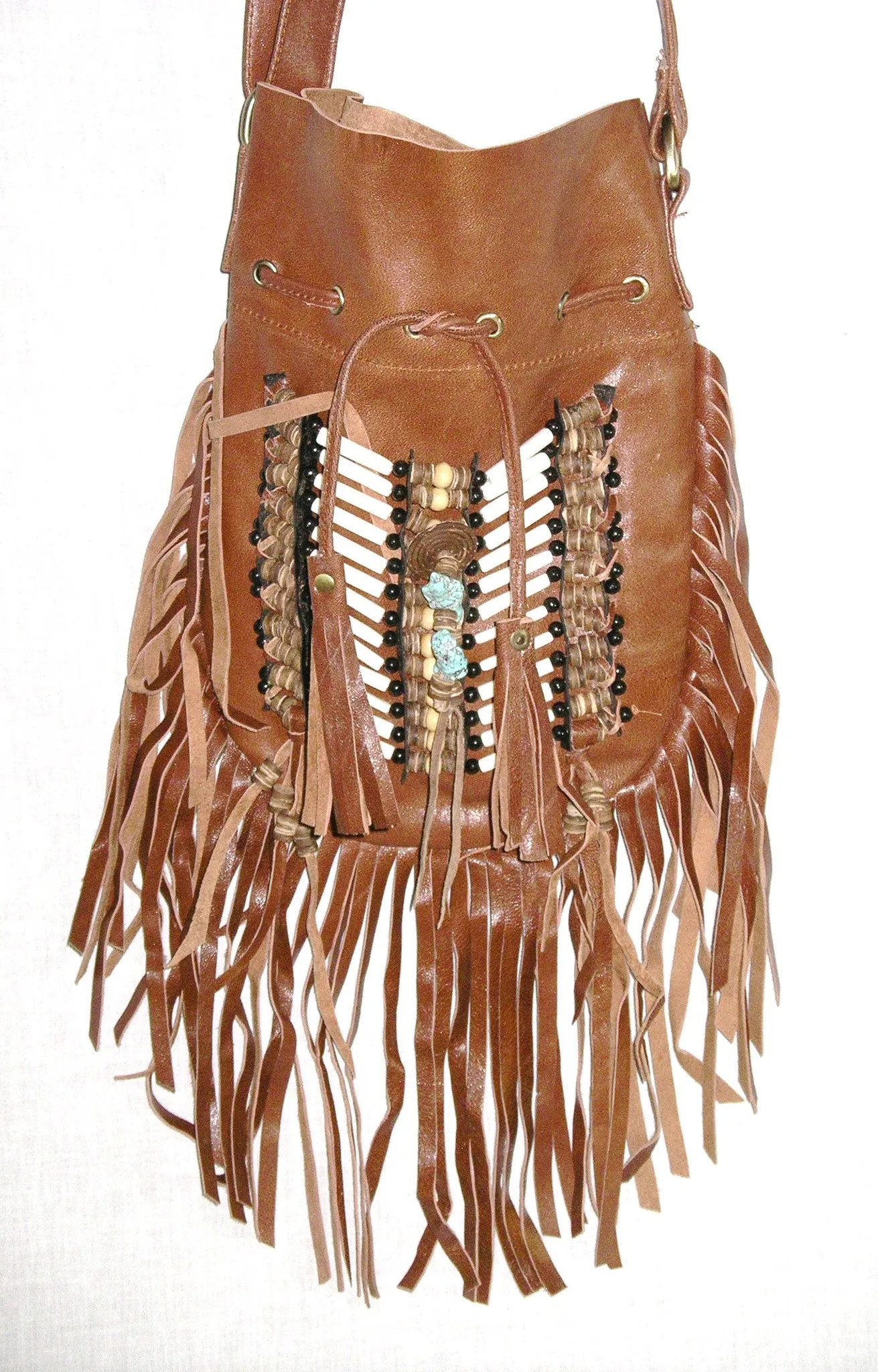 Dreamweaver Genuine Leather Crossbody Purse Boho Fringe Indian Breastplate Drawstring Messenger Bag