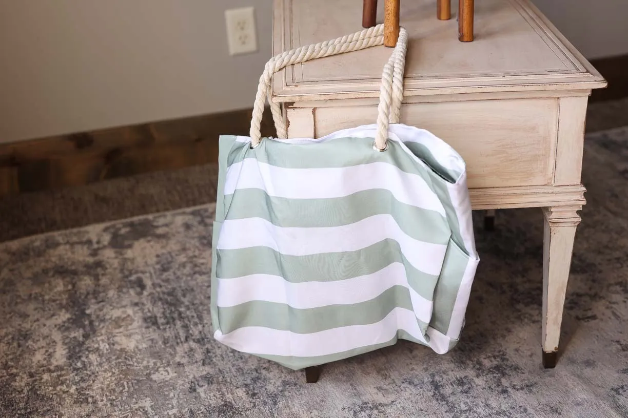 Green Striped Rope Handle Tote Bag