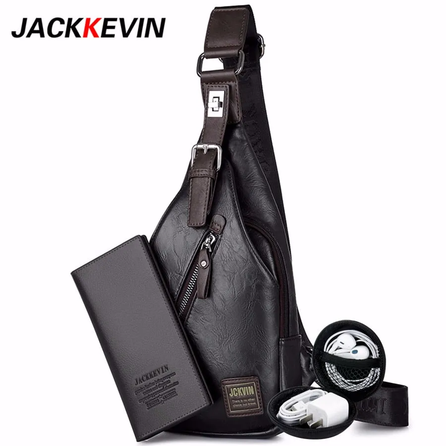 JackKevin Men's Fashion Crossbody Bag Theftproof Rotatable Button Open Leather Chest Bags Men Shoulder Bags Chest Waist Pack