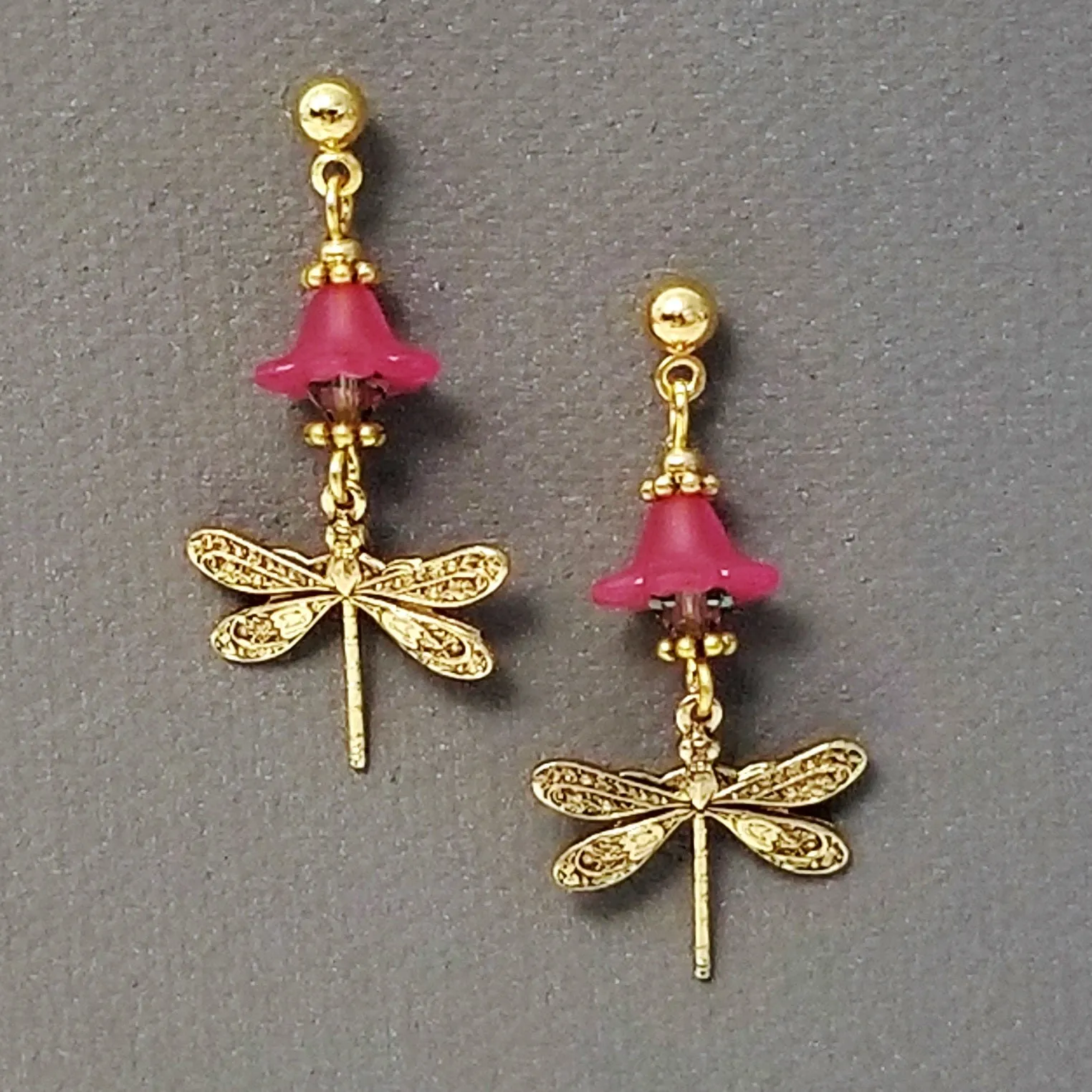 Jewelry Making Kit, Brass Dragonfly Earrings with Lucite Bell Flowers and Crystal Beads, Choose 5 Pairs, #394