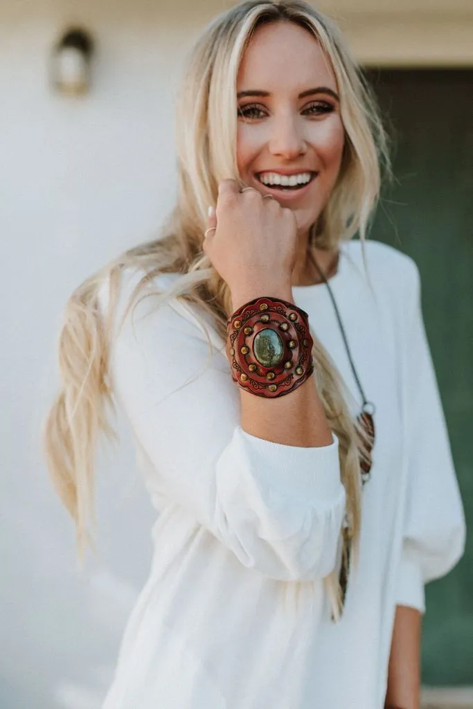 Leather Cuff Bracelet With Black Stone Boho Tooled Genuine Cowhide Layered Shield Antique Brass Studs Cowgirl Hippie Festival Jewelry Designed By Karen Kell