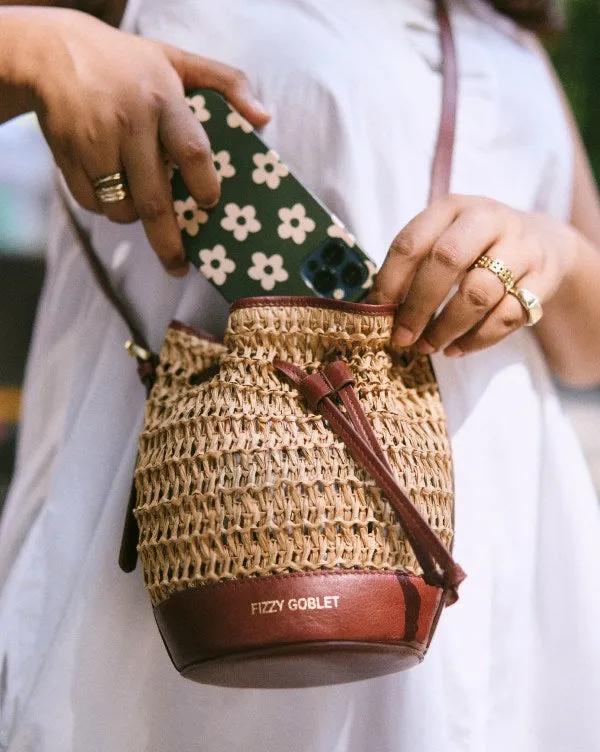 Mini Bucket Bag In Leather With Raffia : Tan