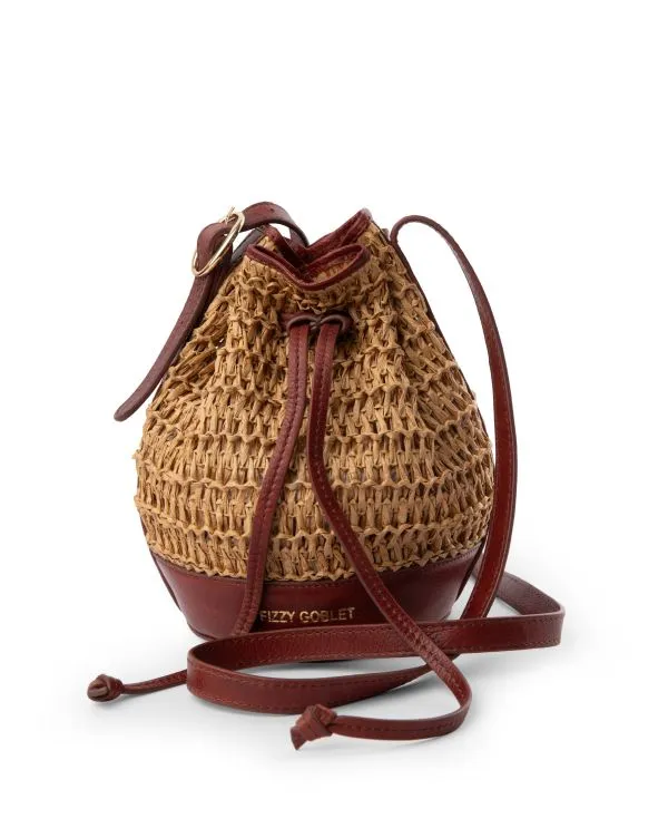 Mini Bucket Bag In Leather With Raffia : Tan