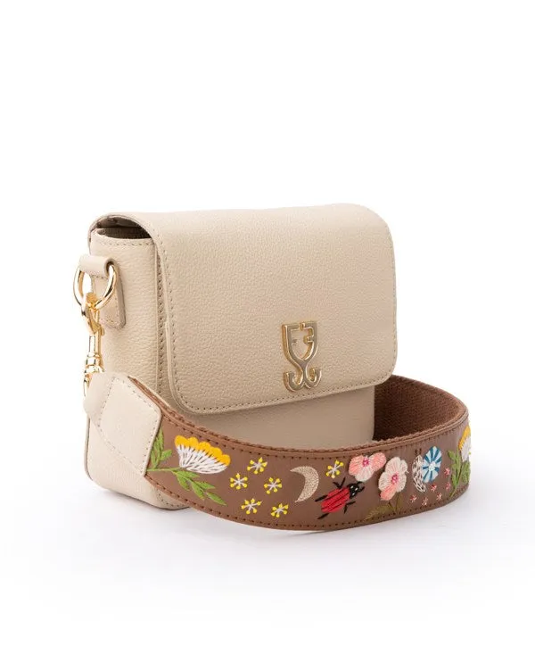 Mini Goblet Crossbody Leather  : Cream with Embroidered Strap