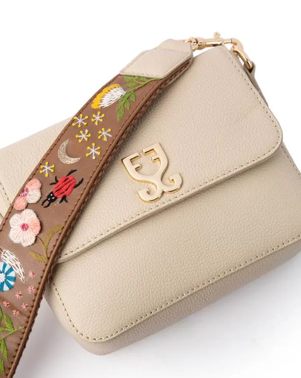 Mini Goblet Crossbody Leather  : Cream with Embroidered Strap