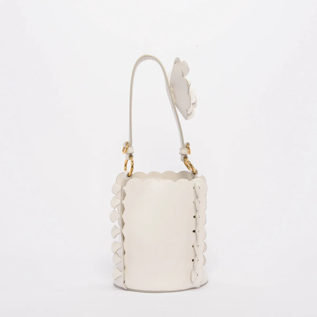 Miu Miu White Calfskin Flower Scalloped Bucket Bag