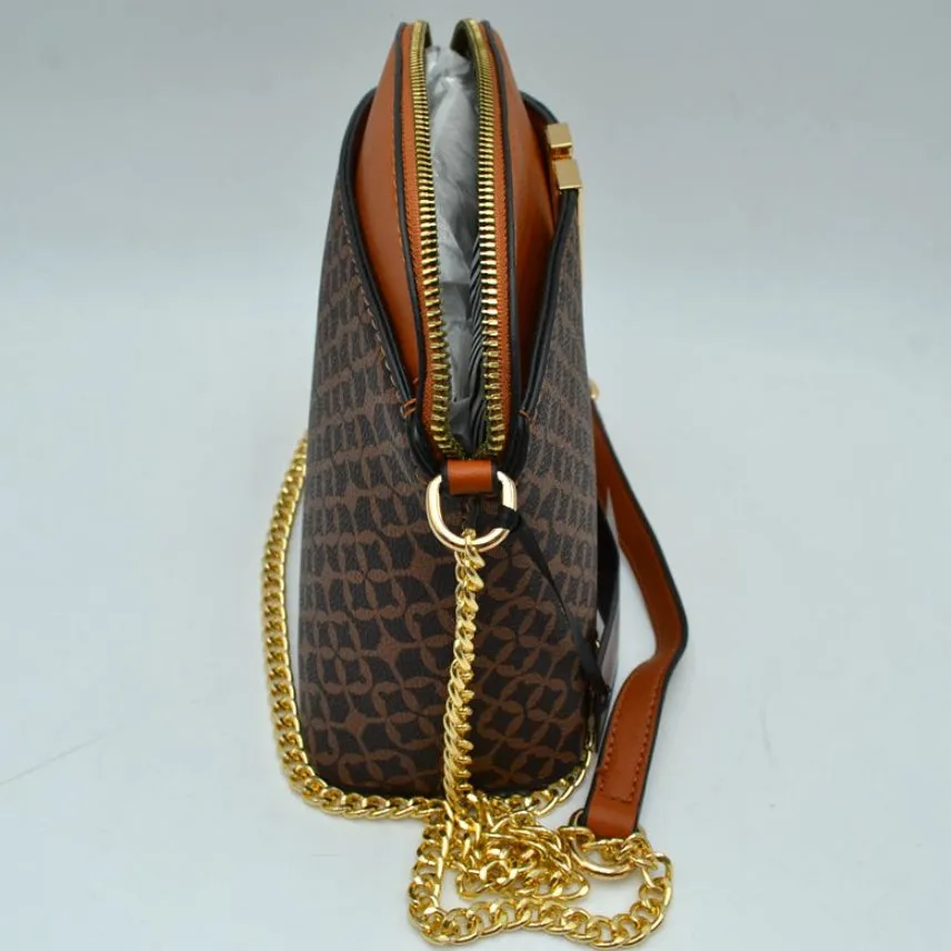 Monogram pattern chain crossbody bag - brown