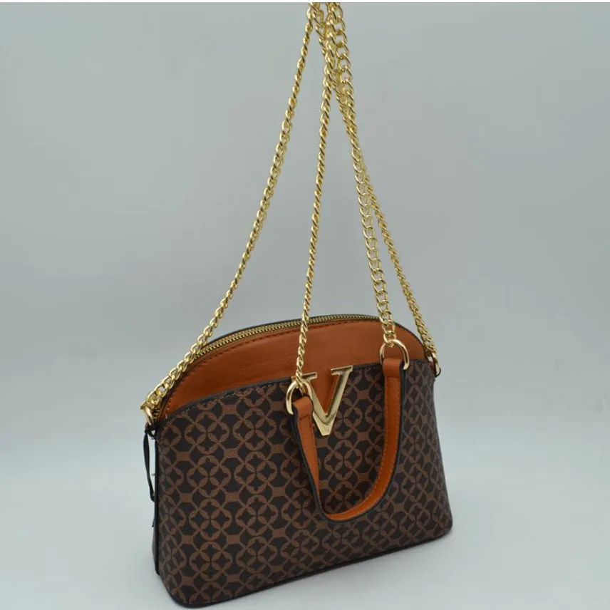 Monogram pattern chain crossbody bag - brown