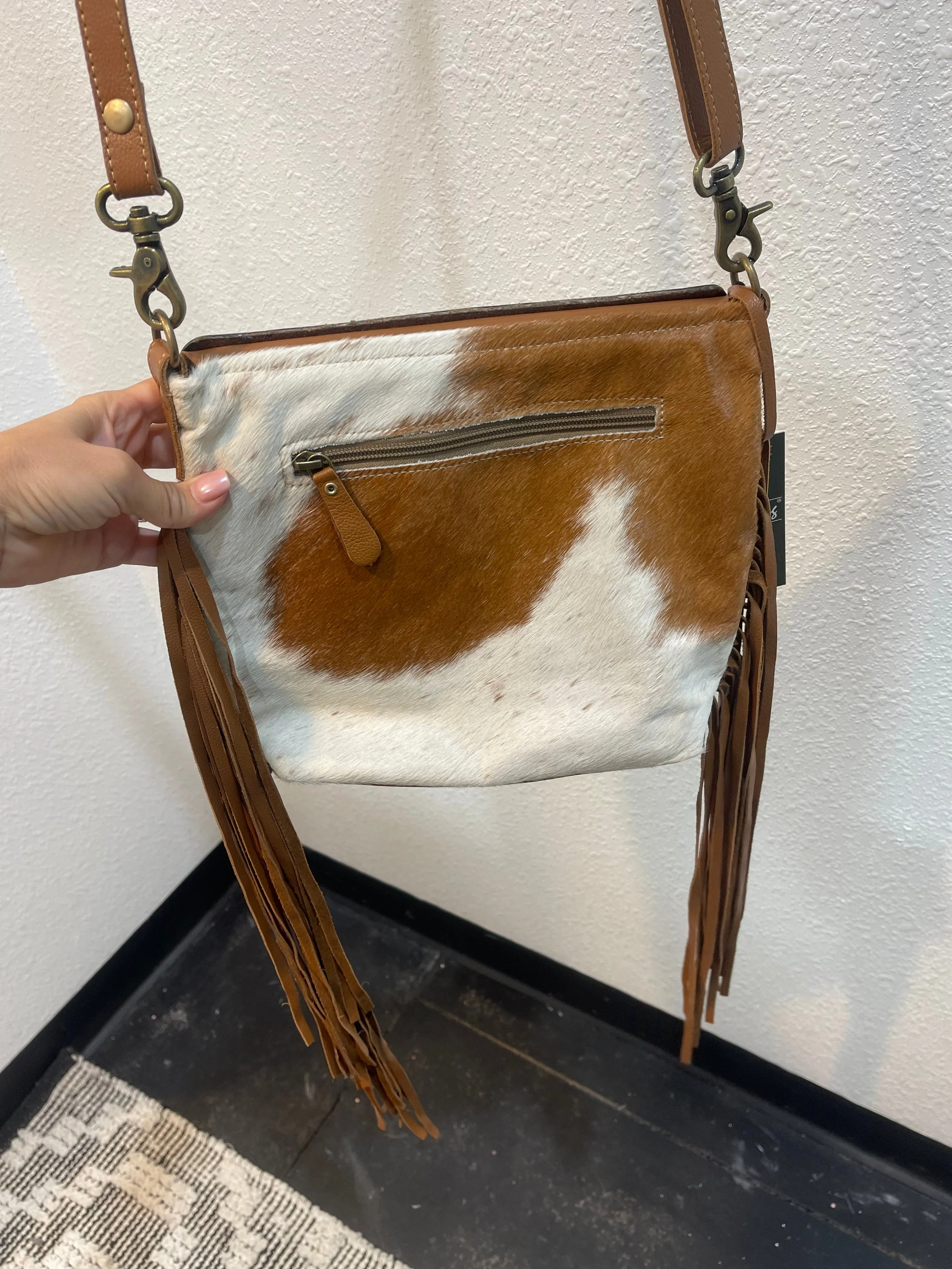 Myra Brown Clouded Cowhide Fringe/Leather Crossbody