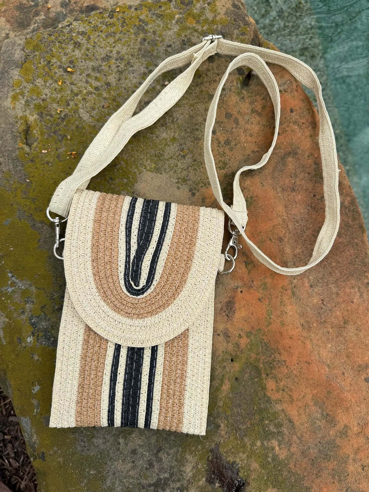 Small Navy Tan & Natural Woven Crossbody