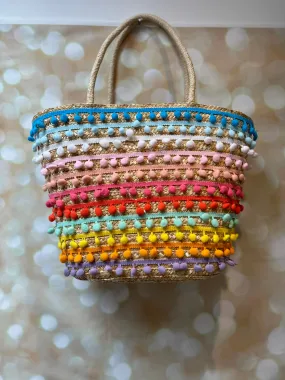 Straw Pom Pom Beach Bag