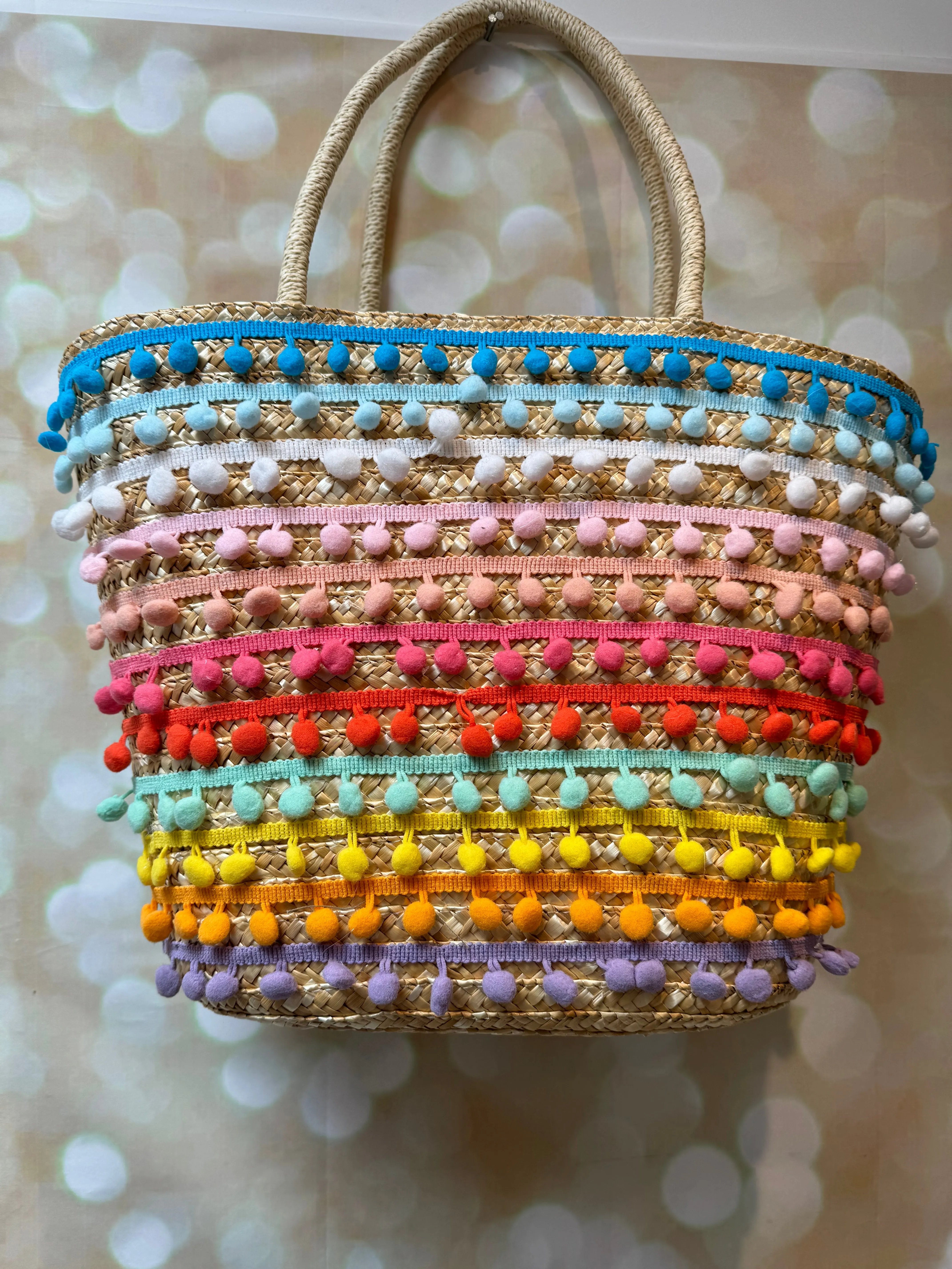 Straw Pom Pom Beach Bag